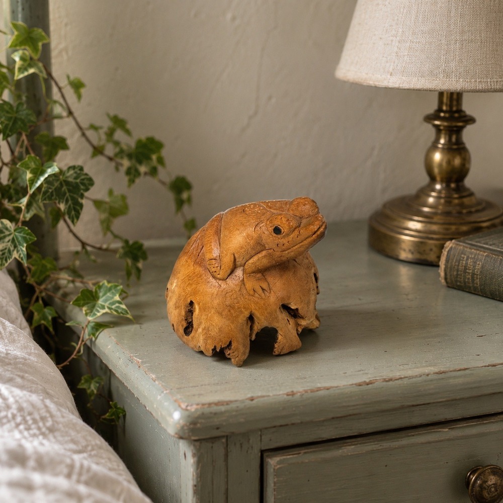 Vintage Hand Carved Wood Frog Figurine 3" Rustic Toad Sculpture Goblincore Decor